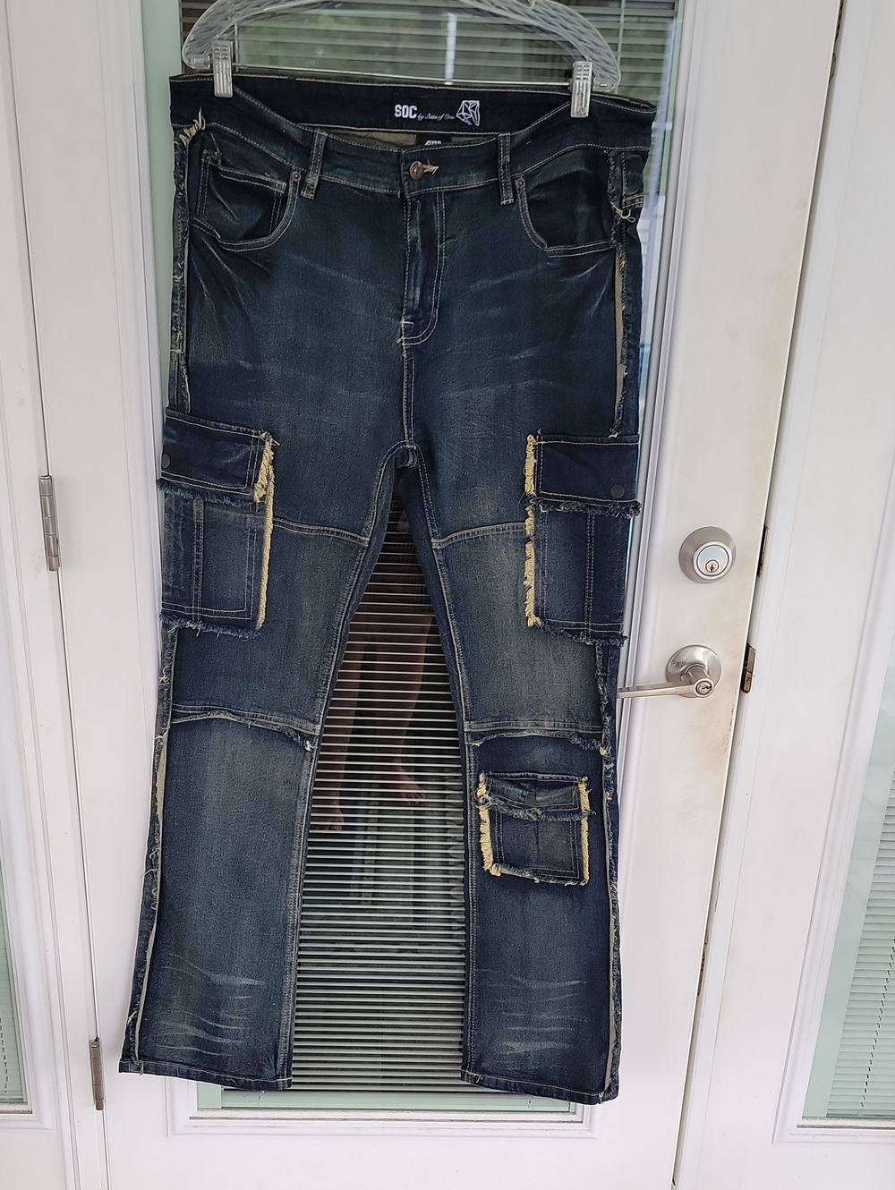 State of Crew Stacked Cargo Jeans Frayed Contrast Stitch Streetwear Sz 36